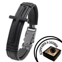 Pulseira Masculina De Couro Cruz Crucifixo All Black