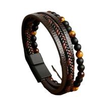 Pulseira Masculina De Couro De Aço Inoxidável Tecida À Mão Multicamadas Estilo Clássico Joias Da