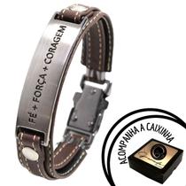 Pulseira Masculina De Couro Fé Força Coragem Marrom