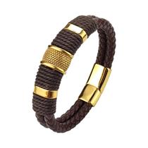 Pulseira Masculina de Couro Genuíno Marrom com Contas de Pedra e Aço Inoxidável