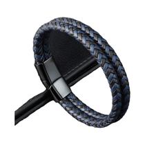 Pulseira masculina de couro genuíno trançado preto azul pulseira de banda dupla