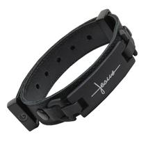 Pulseira Masculina De Couro Jesus Preta Envio Imediato