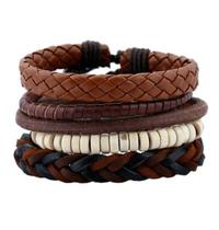 Pulseira Masculina de Couro Marrom e Branca com 4 Pulseiras