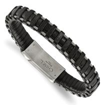 Pulseira Masculina de Couro Preto com Fecho em Aço Inoxidável Escovado