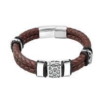 Pulseira Masculina De Couro Trançado Marrom Com Aço Inoxidável 316L, Joia De Luxo Com Efeito
