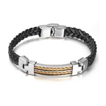 Pulseira masculina de couro trançado preto e aço dourado