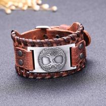 Pulseira Masculina de Couro Viking Árvore da Vida Runas da Sorte Ajustável Marrom