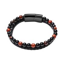 Pulseira Masculina De Pedra Natural Com Contas De Olho De Tigre Vulcânico E Corda De Couro, Joias De