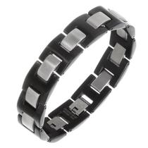 Pulseira masculina em aço cor preta com detalhes prateado 21cm
