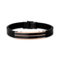 Pulseira Masculina Em Couro Legítimo Com Placa Lisa Em Aço