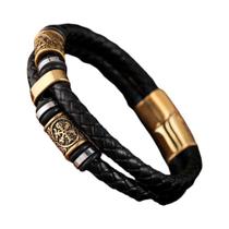 Pulseira Masculina Estilo Viking Trançada Multicamadas Em Couro Genuíno Com Runas Nórdicas E Contas