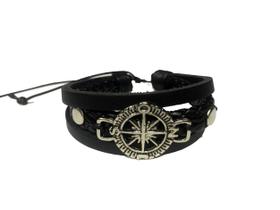 Pulseira Masculina Feminina De Couro Preto Bússola Regulável