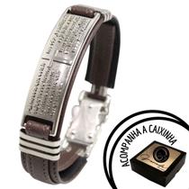 Pulseira Masculina Feminina Pai Nosso Crucifixo Couro Marrom