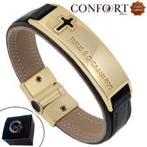 Pulseira Masculina Magnética Couro Preto Jesus É Caminho Dourado Fé Pulseira Masculina Magnética Couro Preto Jesus É Caminho Dourado Fé
