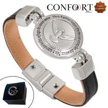 Pulseira Masculina Magnética Couro Preto Medalha Espírito Santo Prateado