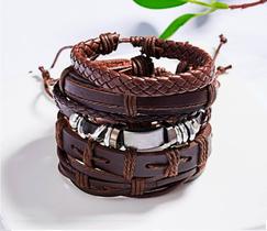 Pulseira Masculina Marrom com Metal 5 Pulseiras