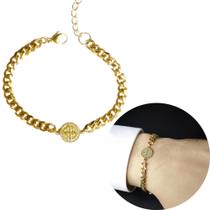 Pulseira masculina medalha de São Bento dourada em aço inoxidável ajustável