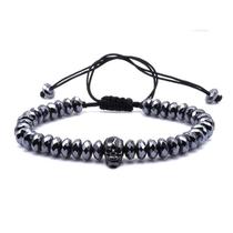 Pulseira Masculina Pedra Hematita Facetada Pingente Caveira Pulseira Masculina Pedra Hematita Facetada Pingente Caveira