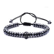 Pulseira Masculina Pedra Hematita Facetada Pingente Caveira