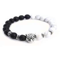 Pulseira Masculina Pedra Lava Vulcânica e Turmalina Branca