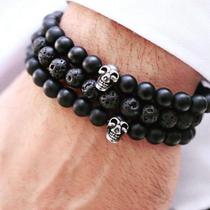 Pulseira Masculina Pedra Vulcanizada Kit Com Três Peças