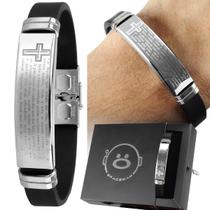 pulseira masculina placa aço inox pai nosso + caixa ajustavel qualidade premium original silicone casual social prata