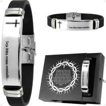 Pulseira Masculina Placa Aço Inox Pai Nosso + Caixa original social casual silicone prata religiosa moda masculina