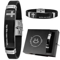 pulseira masculina placa aço inox pai nosso + caixa silicone preto casual presente qualidade premium social