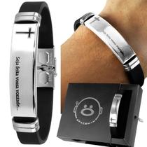 Pulseira masculina prata elegante religiosa bracelete silicone placa aço inox original estilosa + Caixa