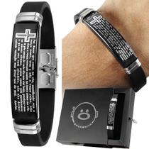 pulseira masculina preta placa aço inox pai nosso caixa original moda masculina religiosa qualidade premium presente