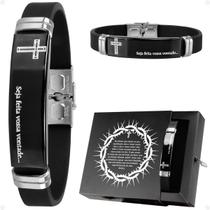 pulseira masculina preta placa aço inox religioso original jesus social qualidade premium silicone casual preto catolico
