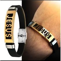 Pulseira Masculina Resistente Dourada ou Prata com Detalhe de Jesus em Aço e Borracha de Qualidade
