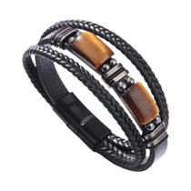 Pulseira Masculina Retrô De Couro Com Pedra Olho De Tigre E Fecho Magnético, Joia Estilo
