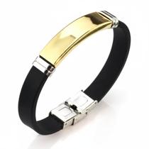 Pulseira Masculina Silicone Preto e Aço Dourado Placa Elegante Moderna, Luxo e Ajustável