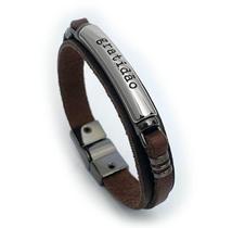 Pulseira Masculina Thank Feita Em Couro Marrom Com Placa Metálica Gratidão