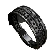 Pulseira Masculina Vintage De Couro Trançado Com Fivela Magnética De Liga, Acessório De Moda