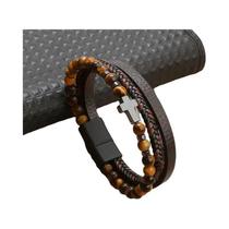 Pulseira Masculina Vintage Punk De Couro Com Pingente De Cruz E Contas De Pedra Olho De Tigre