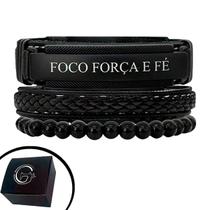 Pulseira Masculino Kit 03 FOCO, FORÇA E FÉ Preto