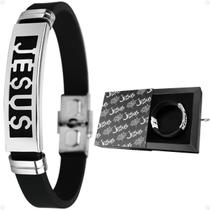 pulseira masculino placa prata aço jesus casual qualidade premium catolico social presente religioso silicone ajustavel