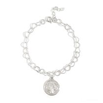 Pulseira Medalha São Bento Corações Banhada a Ródio