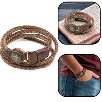 Pulseira Medalha São Bento Couro Trançado Pequena