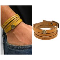 Pulseira Medalha São Bento Oração Couro Marrom