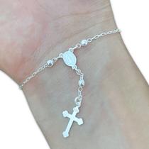 Pulseira Mini Terço Prata 925 Legítima Feminina Bolinha Cruz
