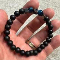 Pulseira Murano Italiano+ Pedra Ocean Blue Natural +Pedra Hematita Quadrada lapidada Nobre - PUL06