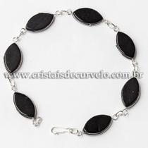 Pulseira Navete Ranhurado Obsidiana Negra Prateado - 5 Unidades - Atacado