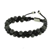 Pulseira Nordic Enok Pedra Labradorita 6mm Pedra Ágata Negra 5mm 18 a 25cm Ajustável