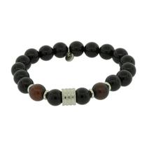 Pulseira Nordic Ragnar Pedra Ágata Negra e Olho de Tigre 10mm Aço com fio de silicone 22cm