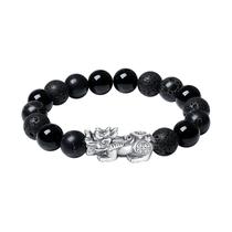 Pulseira Obsidian para homens com pingente Pixius em prata maciça 999