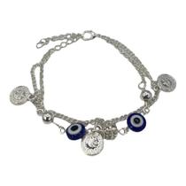 Pulseira Olho Grego Azul corrente prateada com moedas Pulseira Olho Grego Azul corrente prateada com moedas