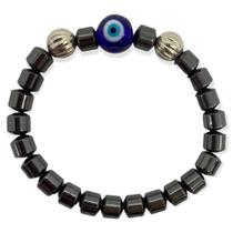 Pulseira Olho Grego azul e hematita cilindrica e silicone Pulseira Olho Grego azul e hematita cilindrica e silicone
